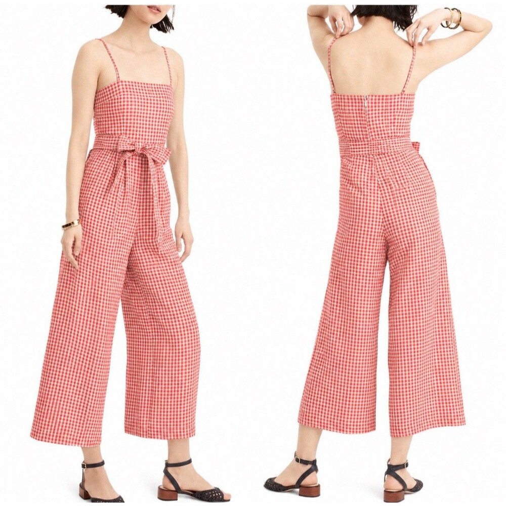 J. CREW Womens Linen Gingham Check Wide Leg Tie Waist Jumpsuit Red Cottage Sz 2